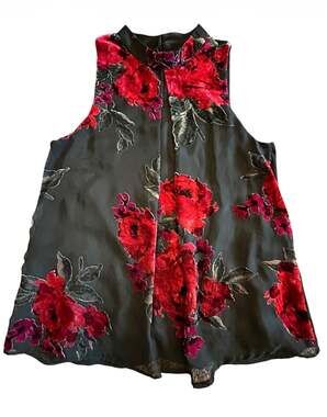 A. Byer Black Halter Top with Red Rose Velvet Burnout Floral Pattern Women's Med